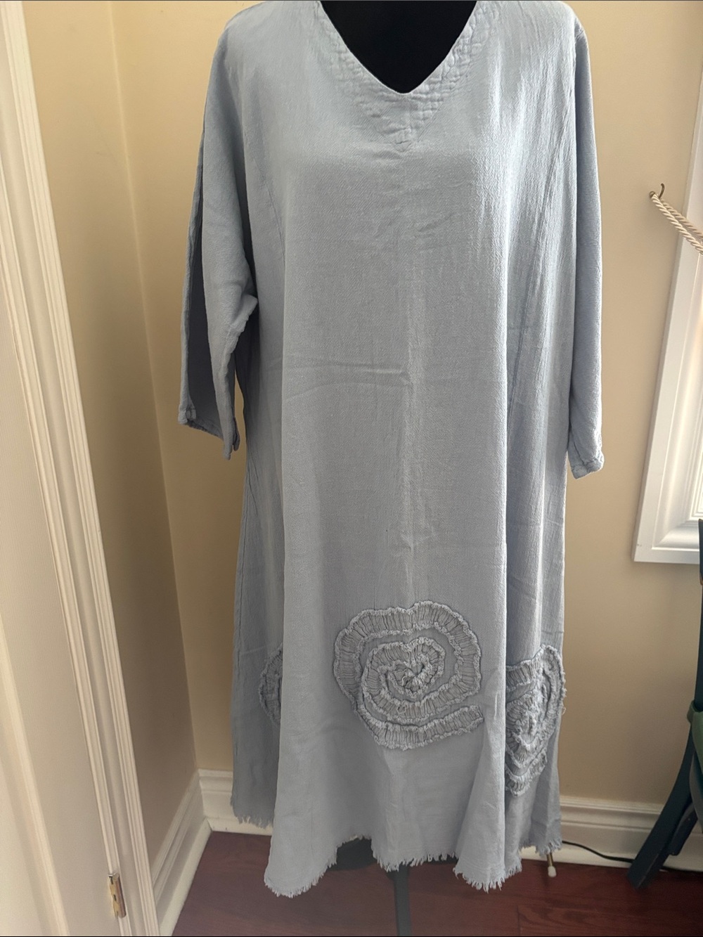 Oh My Gauze! L-XL Light Blue V-Neck Midi Dress with Textured Rosettes